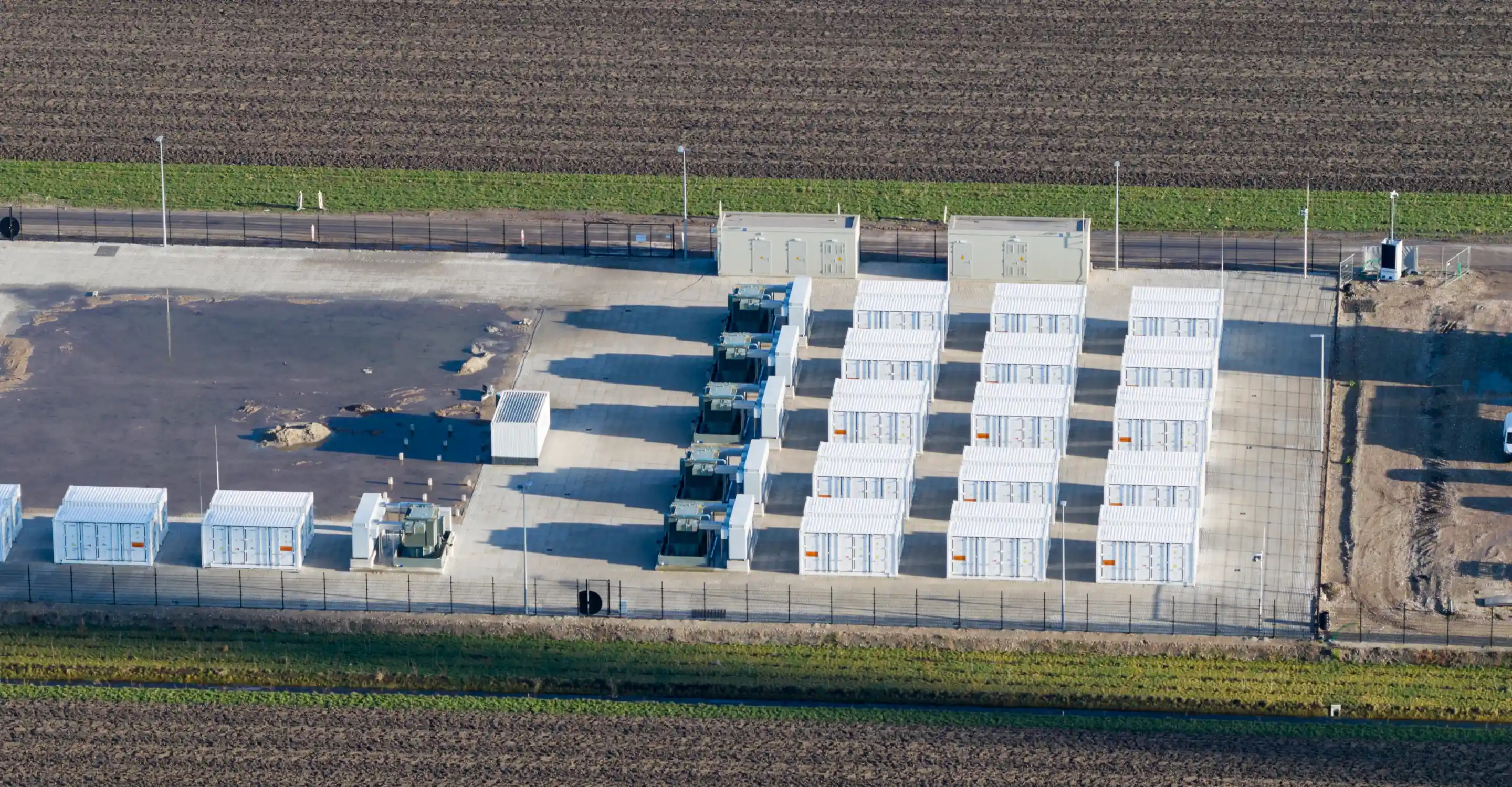 Aerial view of a utility-scale battery storage installation